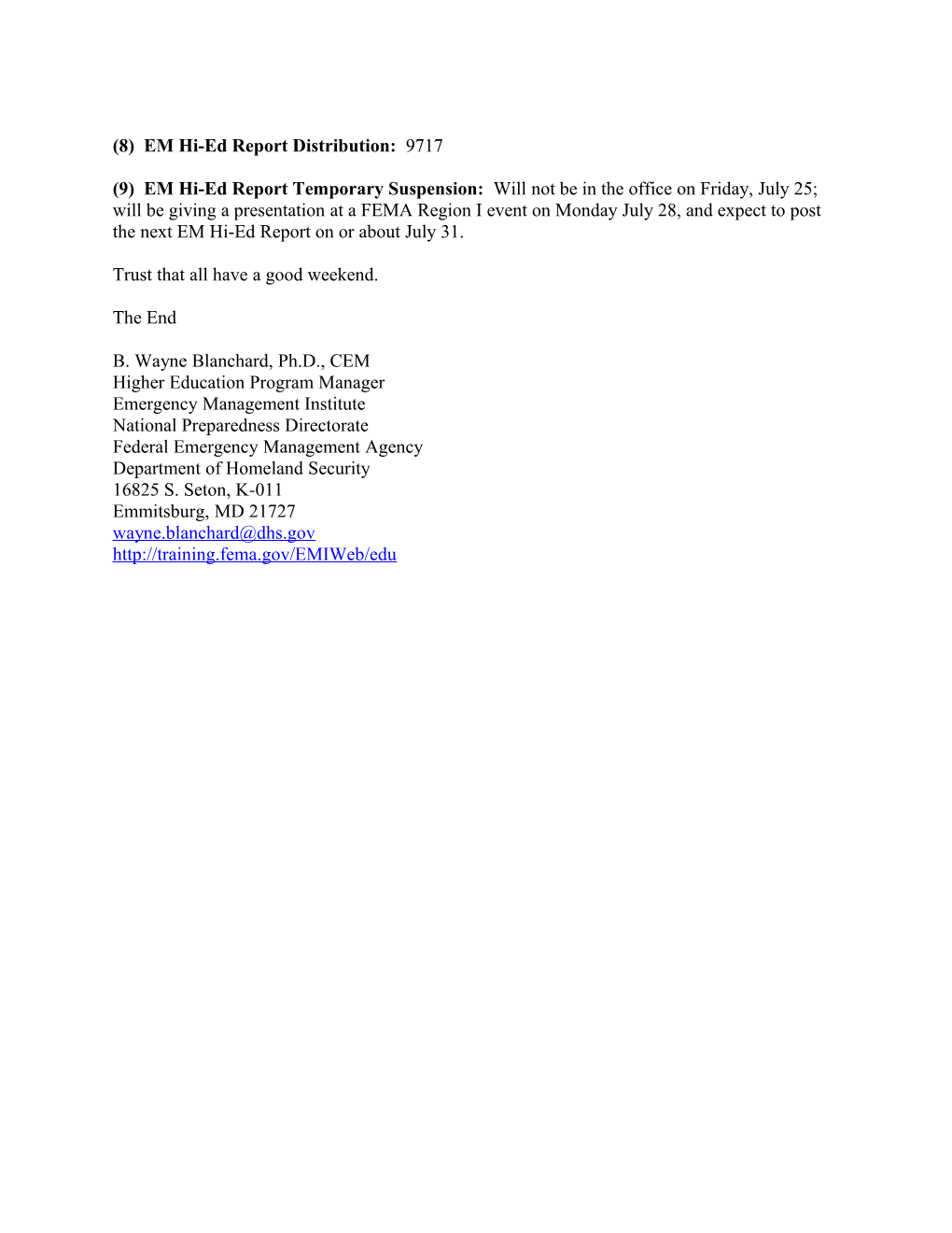 June 30, 2008 FEMA/EMI Emergency Management Higher Educations Program Report