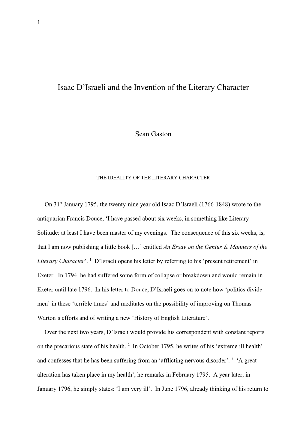 Isaac D Israeli, Rousseau and the Invention of Literary Character