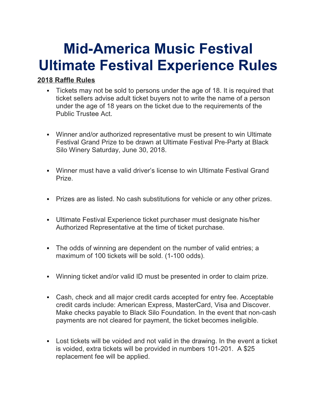 Mid-America Music Festival Ultimate Festival Experience Rules