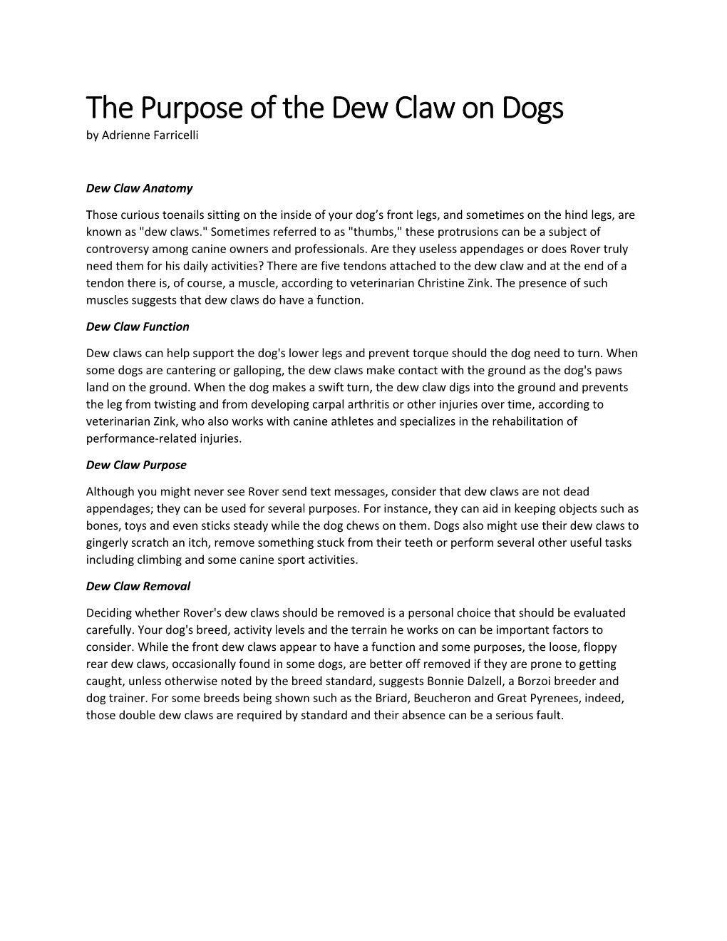The Purpose of the Dew Claw on Dogs