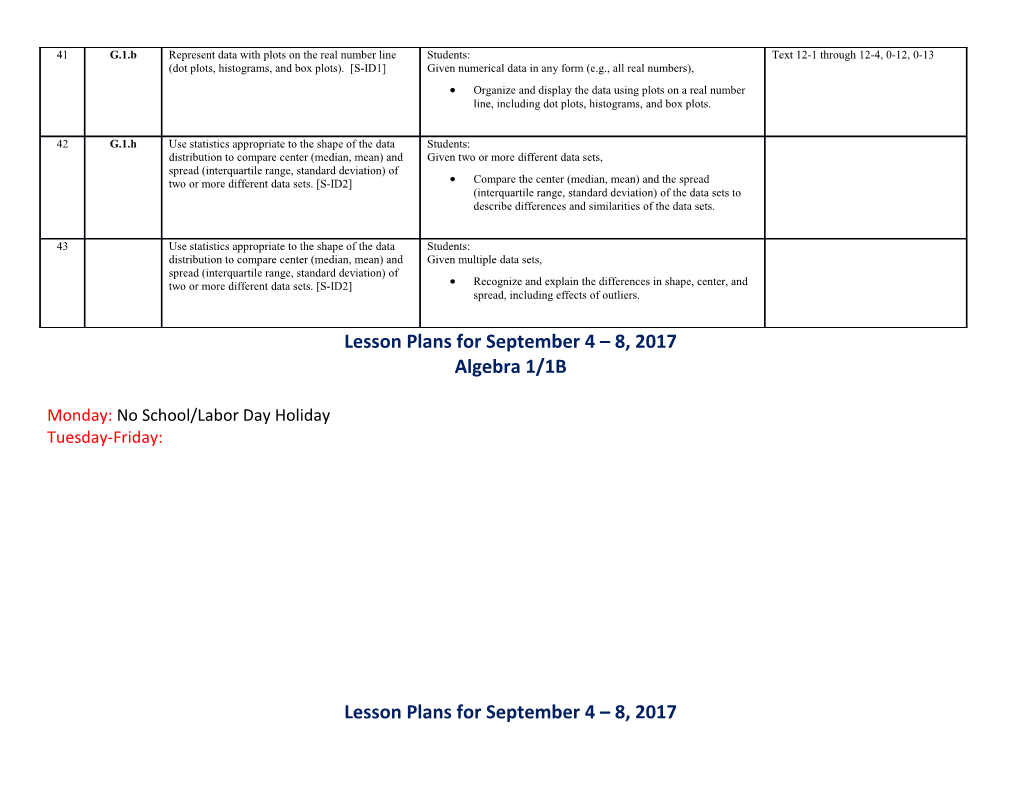 Lesson Plans for September 4 8, 2017