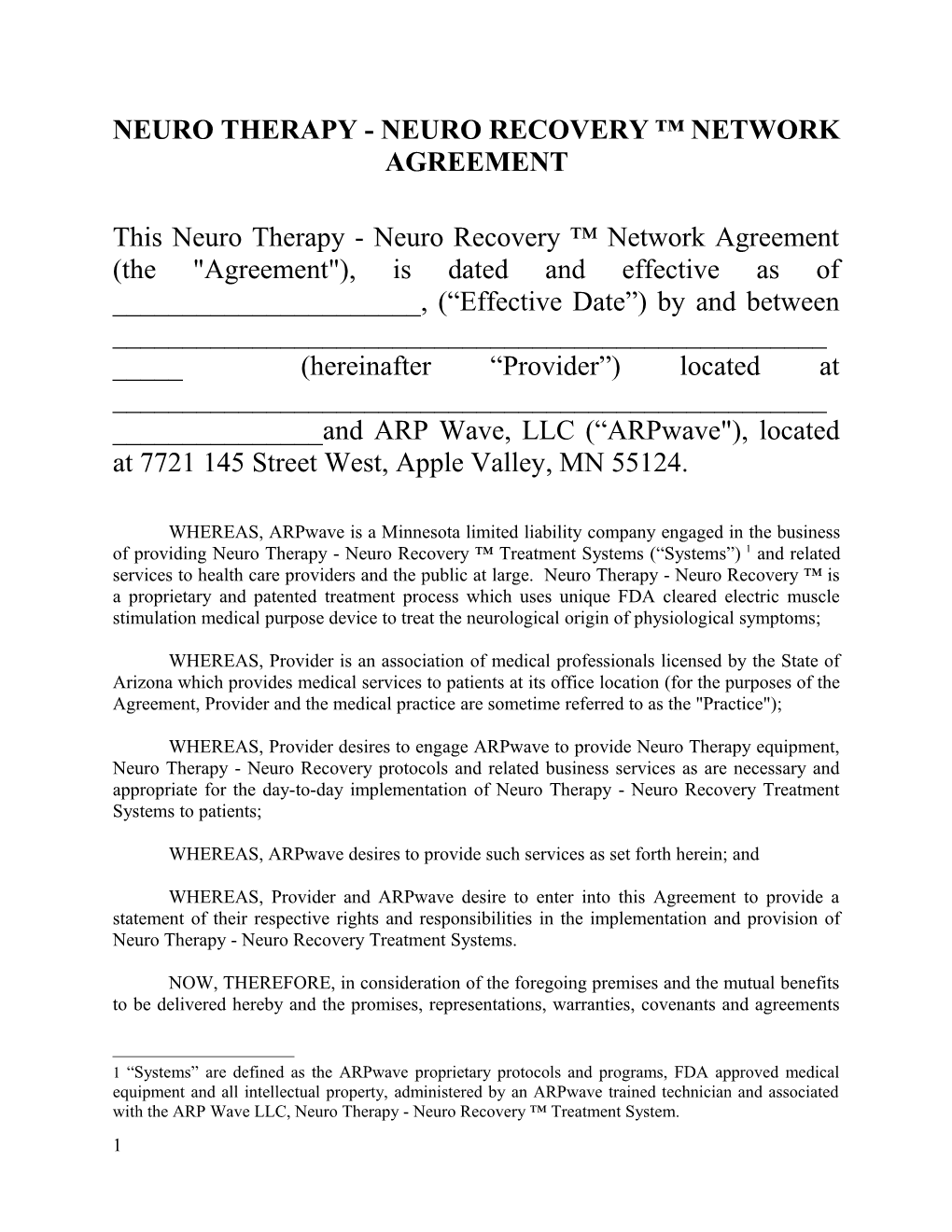 Neuro Therapy - Neuro Recovery Network Agreement