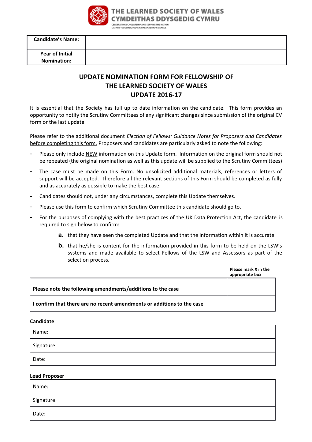 Updatenomination Form for Fellowship Of