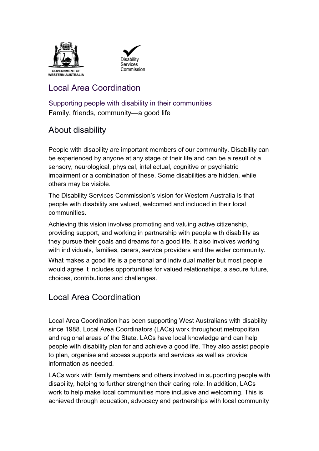 Local Area Coordination: Supporting People with Disability in Their Communities - Booklet