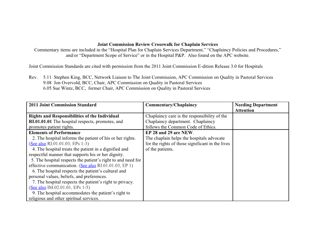 Joint Commission Review Crosswalk for Chaplain Services