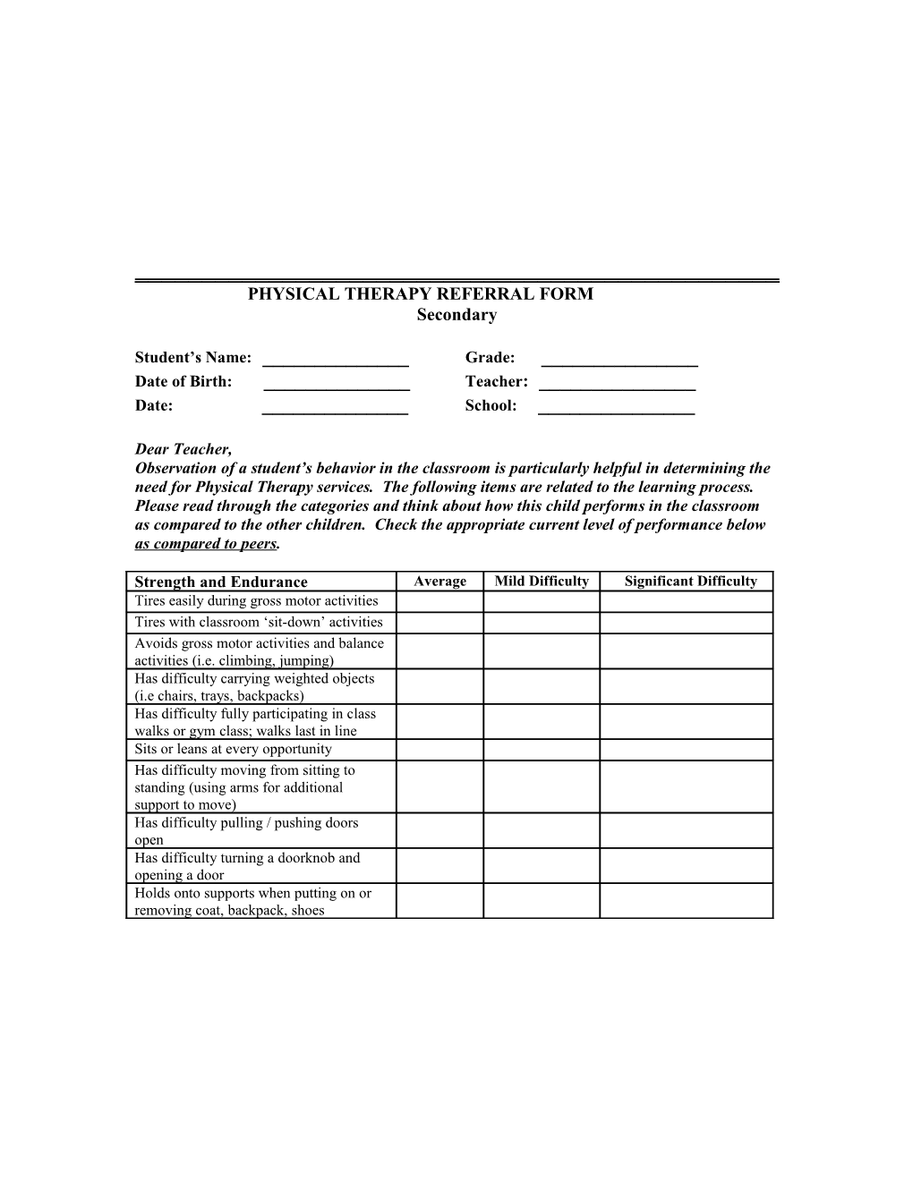 Physical Therapy Referral Form