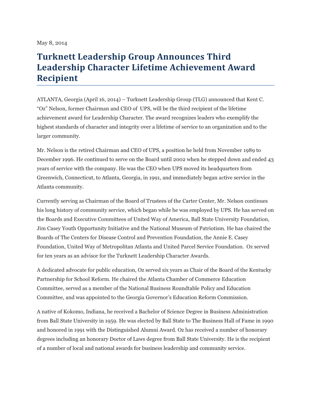 Turknett Leadership Group Announces Third Leadership Character Lifetime Achievement Award