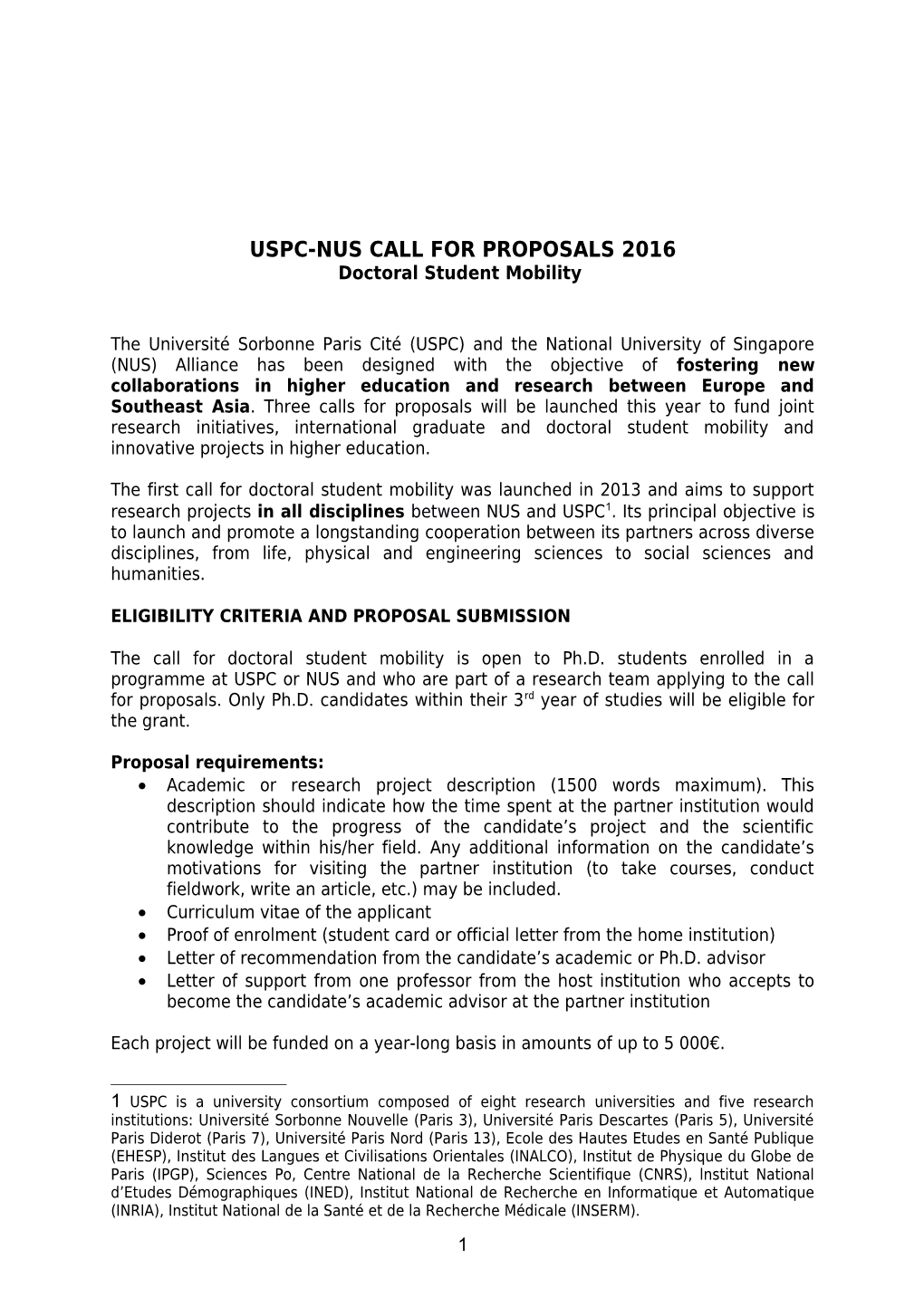 USPC-NUS Call for Proposals Phd Mobility
