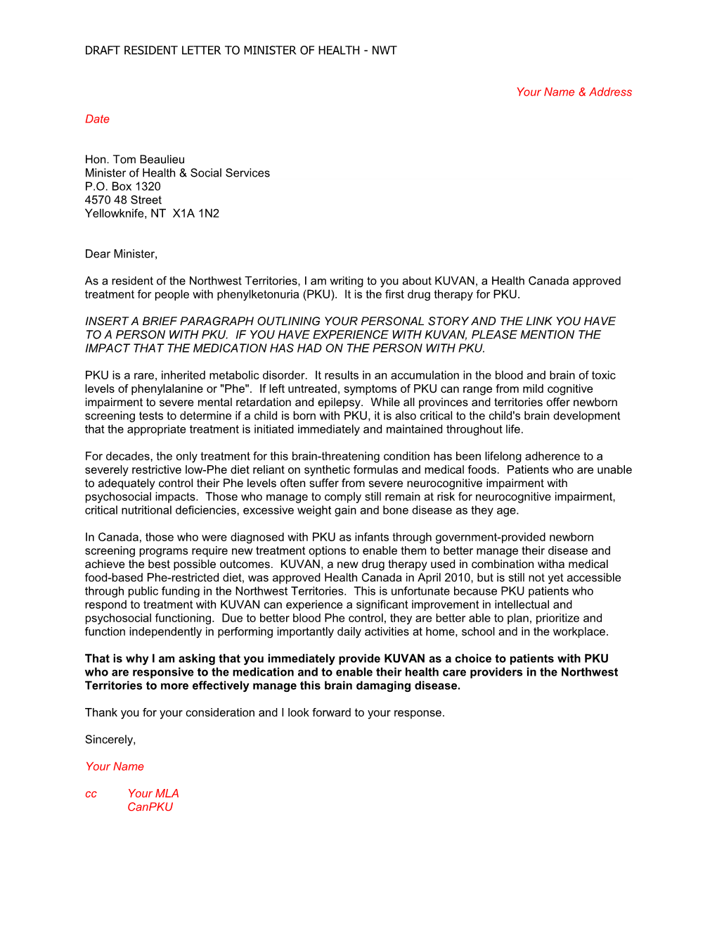 Draft Resident Letter to Minister of Health - Nwt