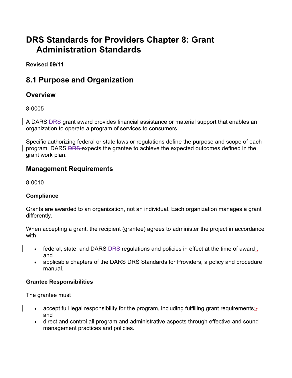 DARS DRS Standards for Providers Chapter 8 Revisions - September 2011