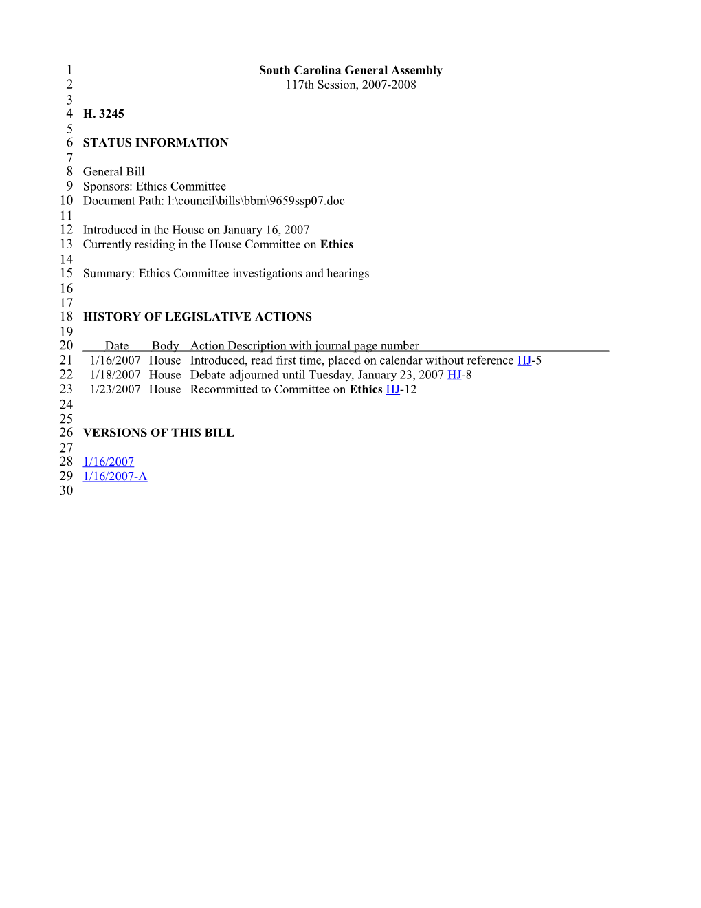 2007-2008 Bill 3245: Ethics Committee Investigations and Hearings - South Carolina Legislature