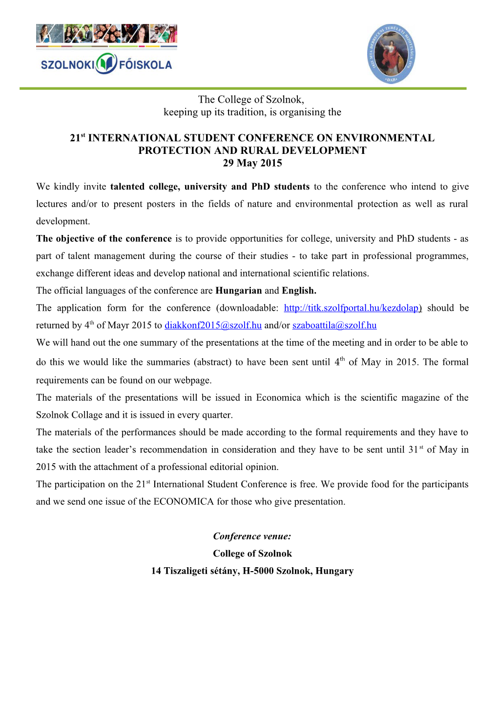 21St International Student Conference on Environmental Protection and RURAL DEVELOPMENT
