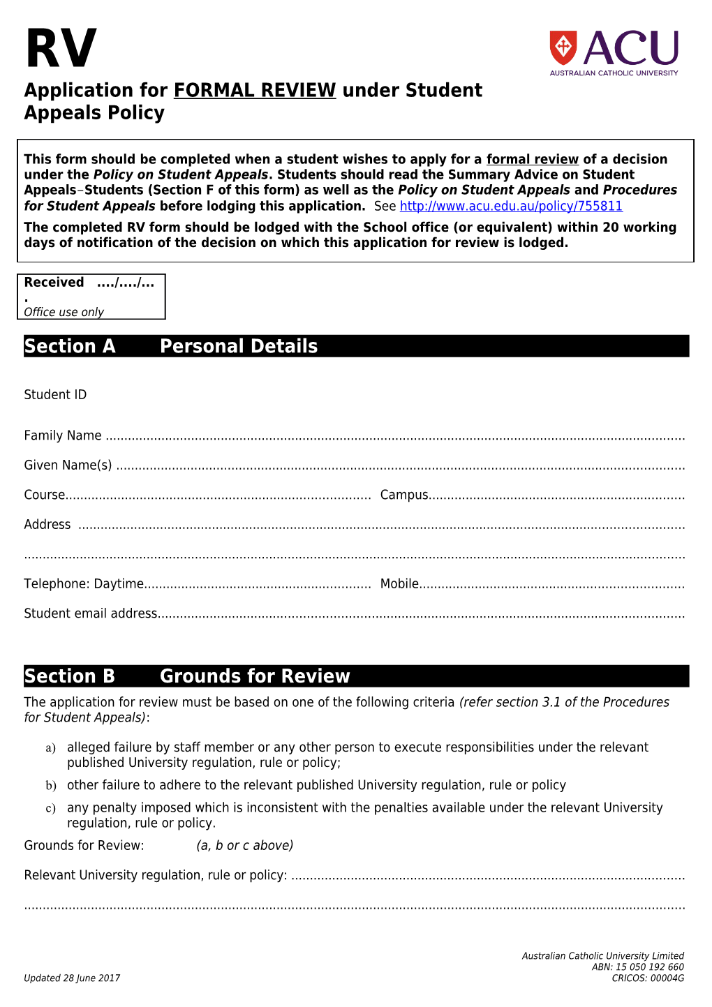 RV Form - Application for Review