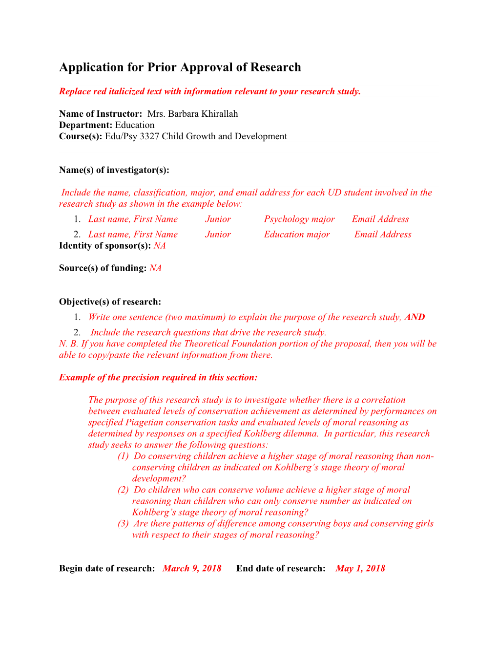 Application for Prior Approval of Research