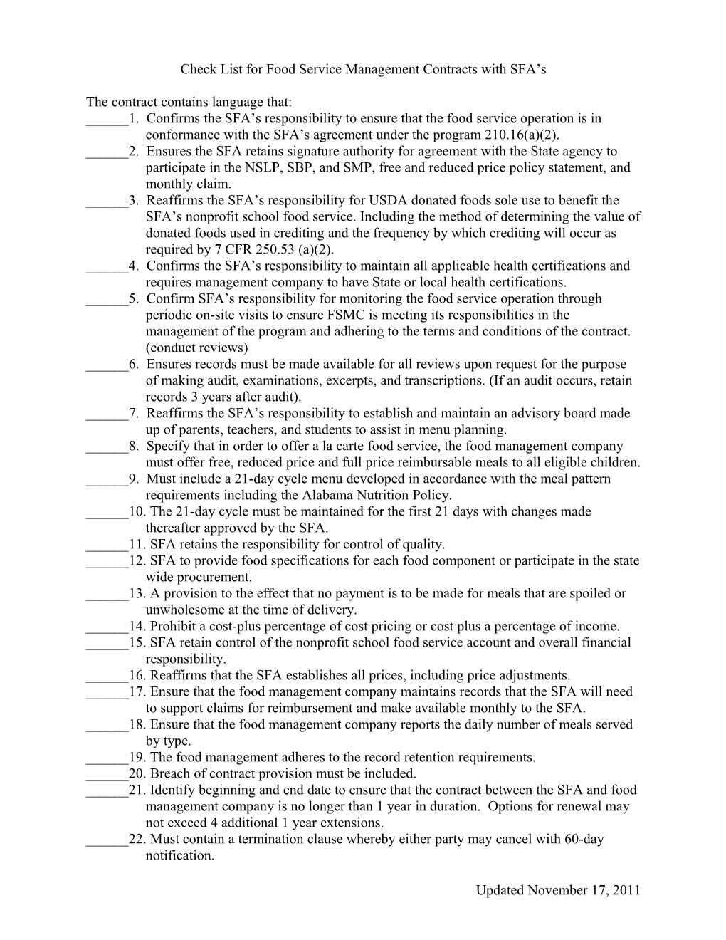 Check List for Food Service Management Contracts with SFA S