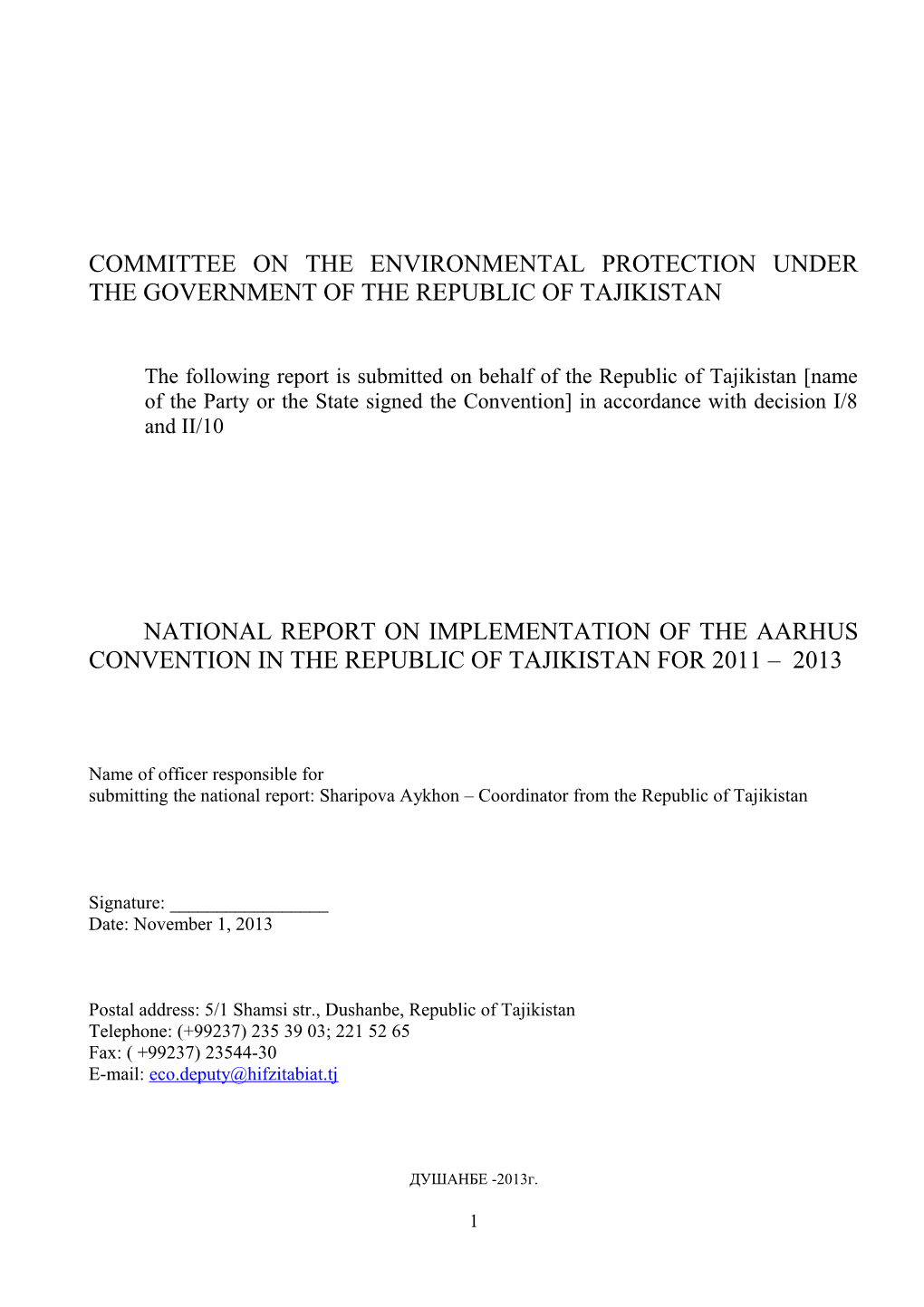 Committee on the Environmental Protection Under the Government of the Republic of Tajikistan