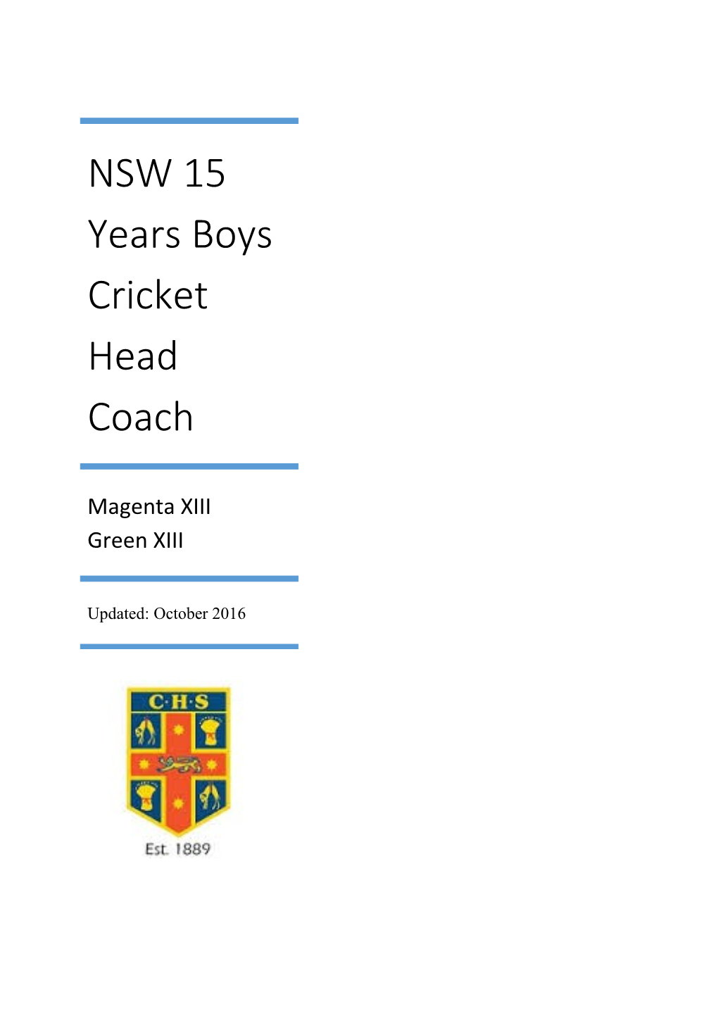 NSW 15 Years Boys Cricket Head Coach