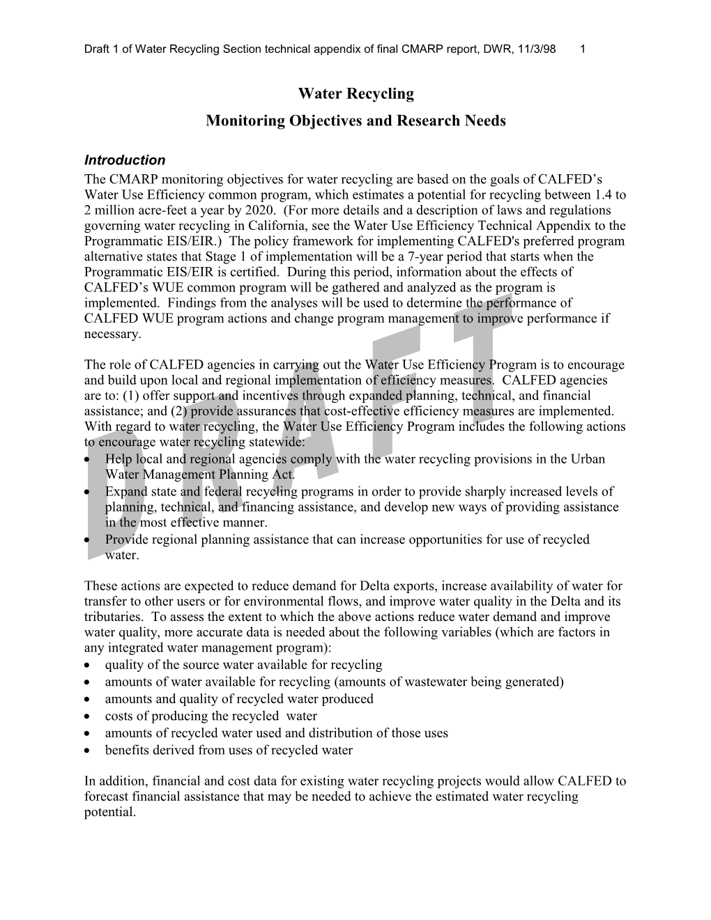 Draft 1 of Water Recycling Section Technical Appendix of Final CMARP Report, DWR, 11/3/981