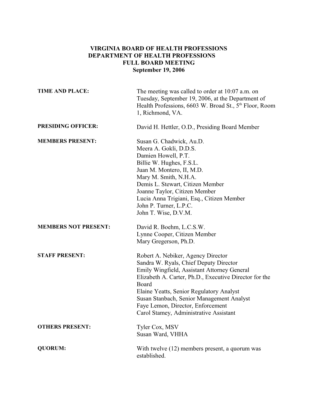 VIRGINIA BOARD of HEALTH PROFESSIONS 9-19-2006 Meeting Minutes