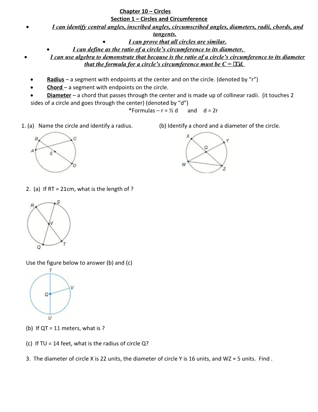 Section 1 Circles and Circumference