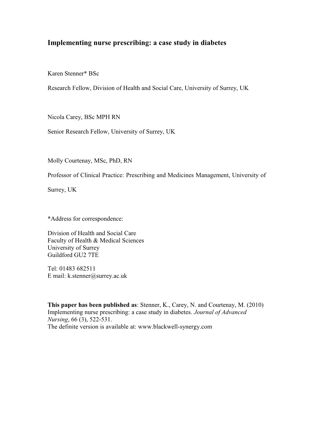 Implementing Nurse Prescribing: a Case Study in Diabetes