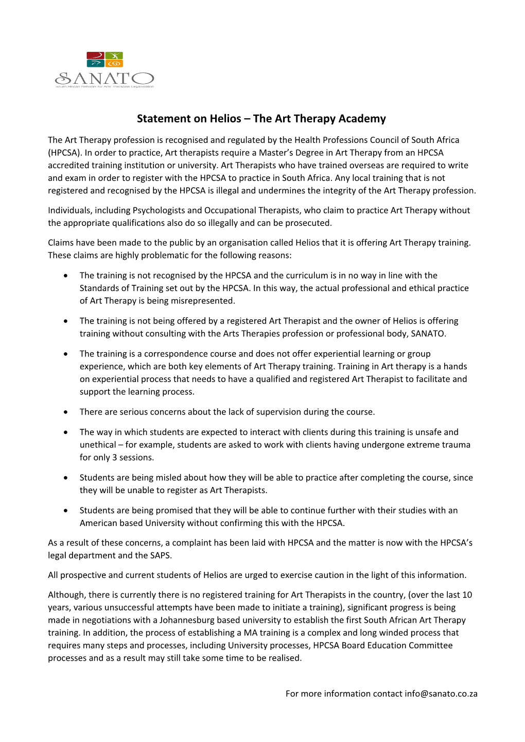 Statement on Helios the Art Therapy Academy