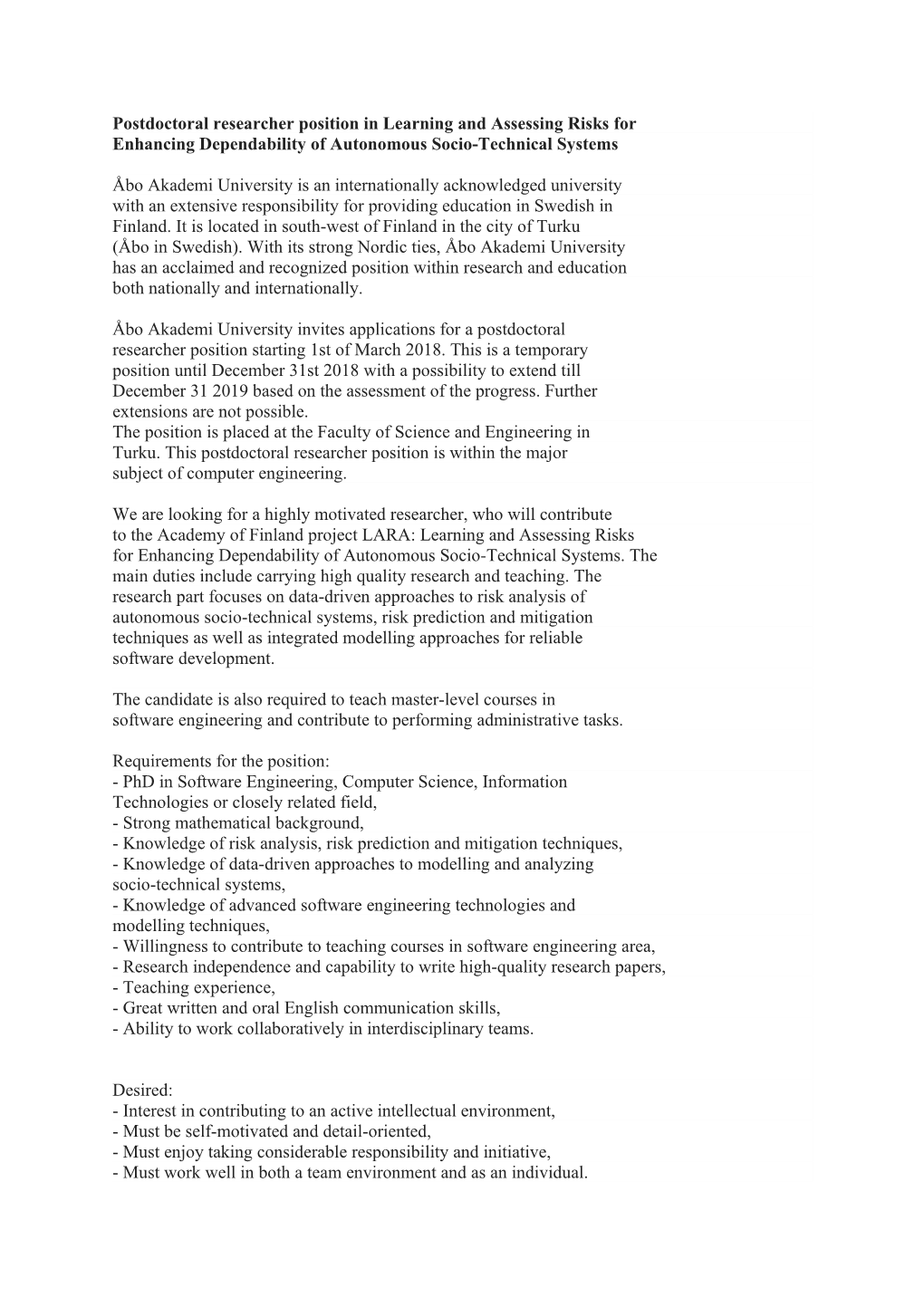 Postdoctoral Researcher Position in Learning and Assessing Risks For