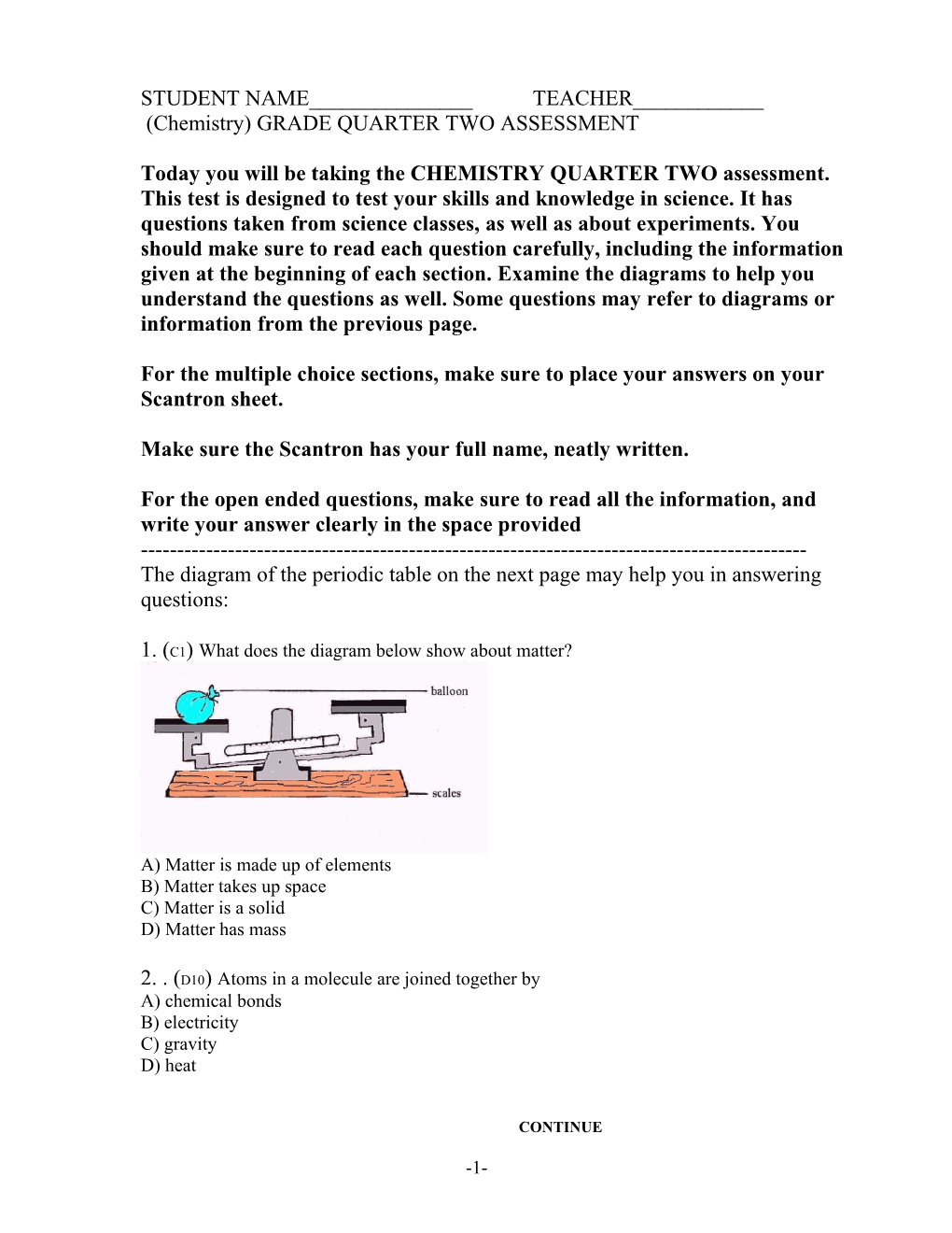 Science Eleventth Grade Assessment Q2 2008-09