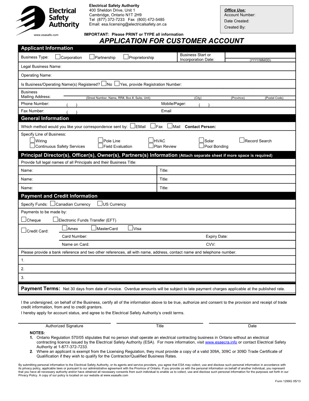 1299F Customer Account Application Form Nov 11