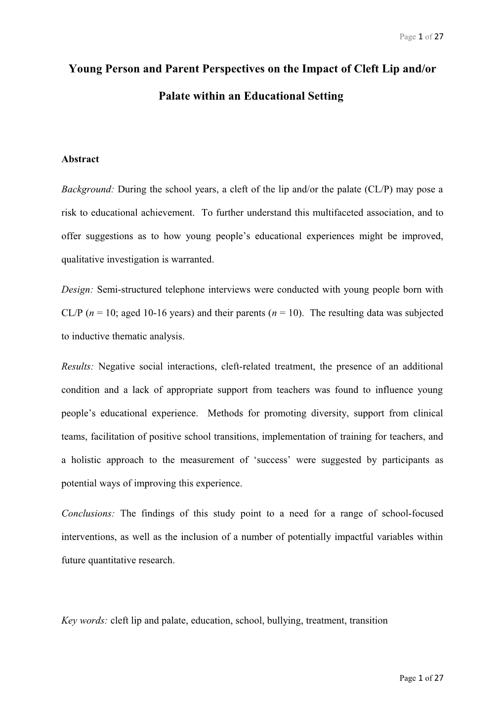 Young Person and Parent Perspectives on the Impact of Cleft Lip And/Or Palate Within An