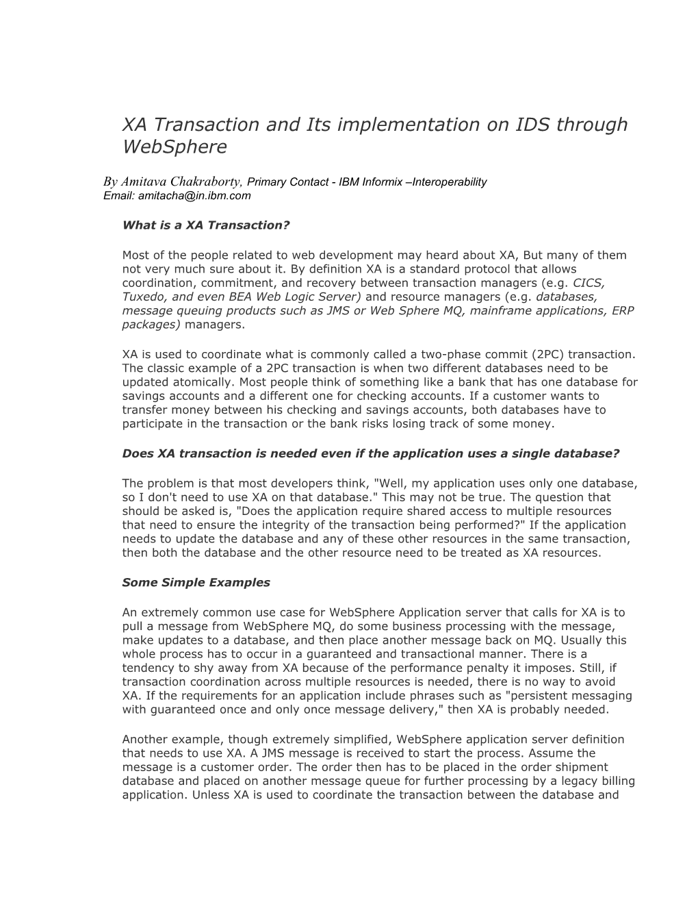 XA Transaction and Its Implementation on IDS Through JDBC