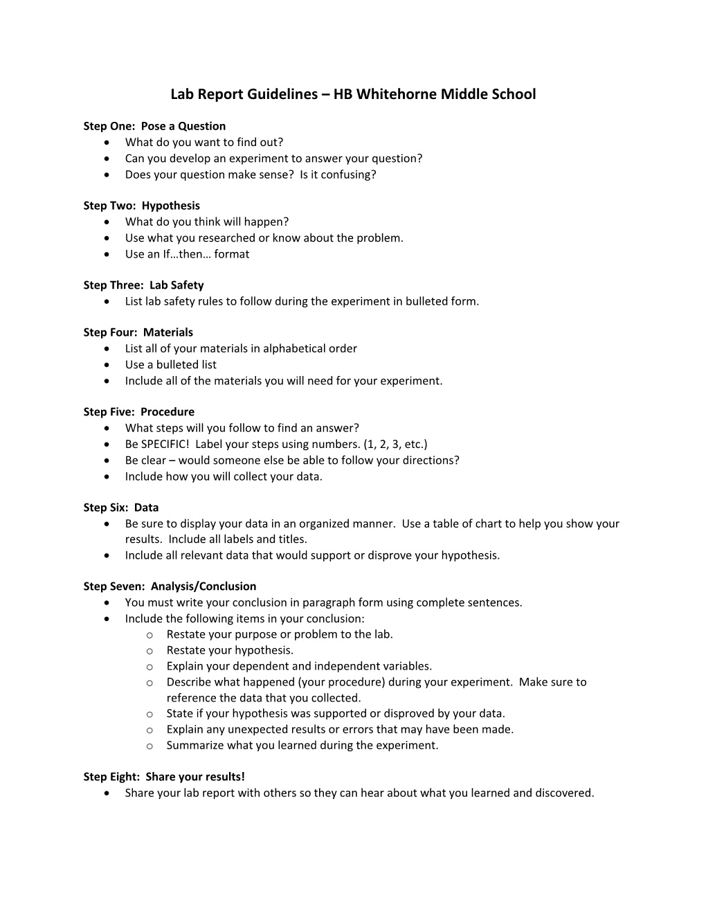 Lab Report Guidelines HB Whitehorne Middle School