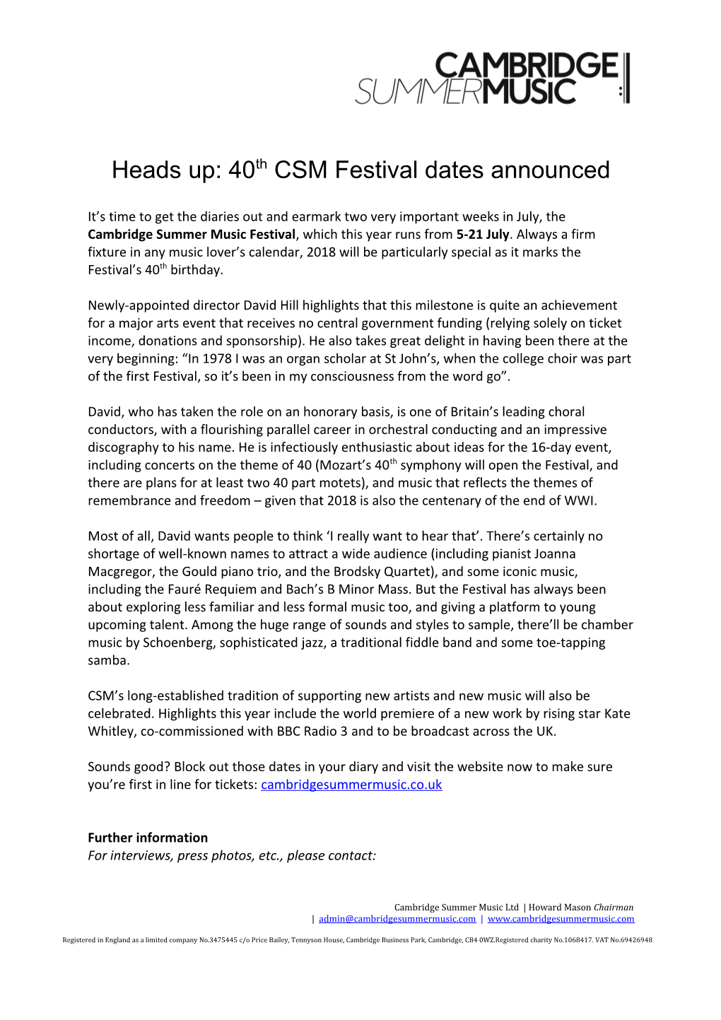 Heads Up: 40Thcsm Festival Dates Announced