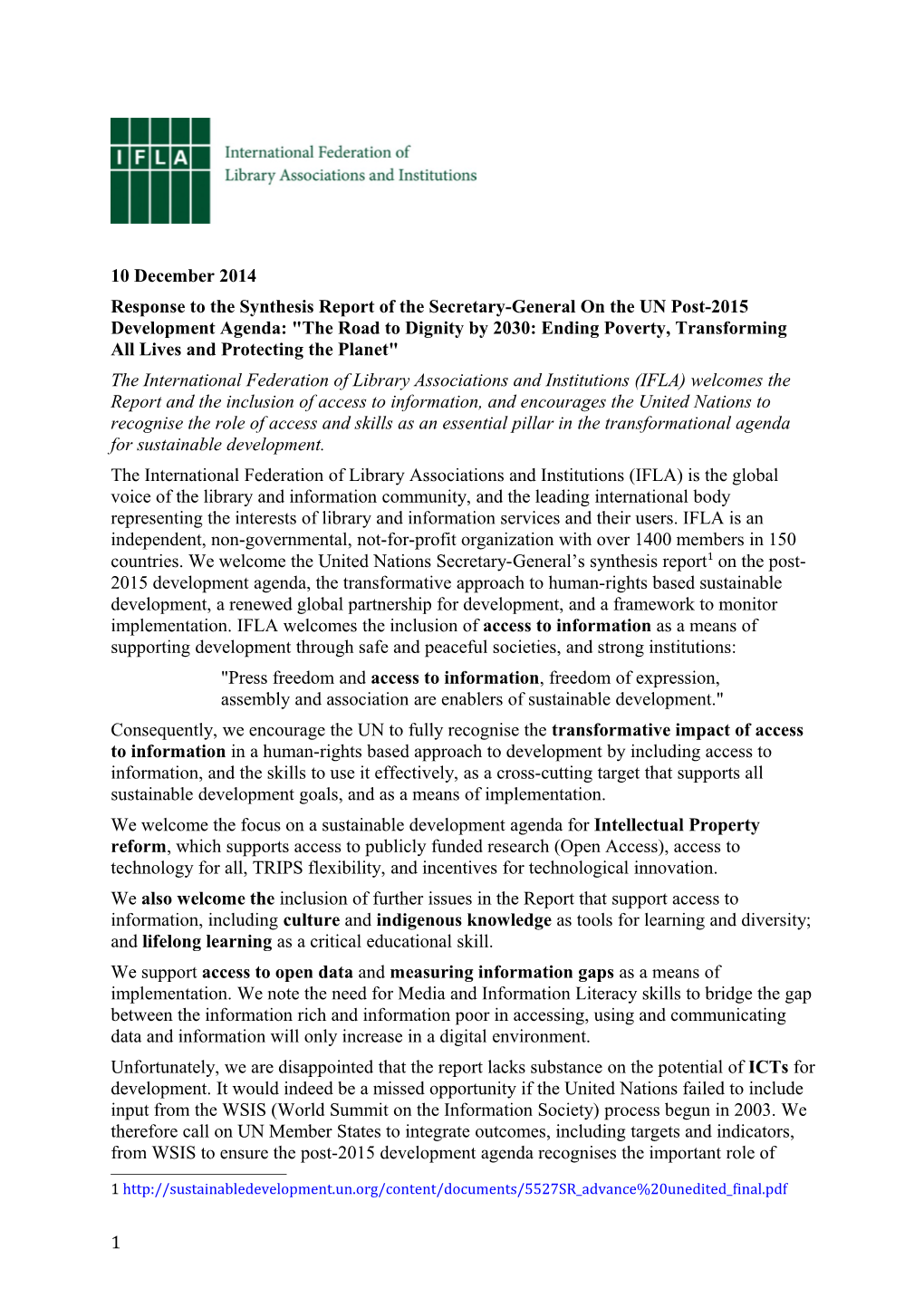 Response to the Synthesis Report of the Secretary-General on the UN Post-2015 Development