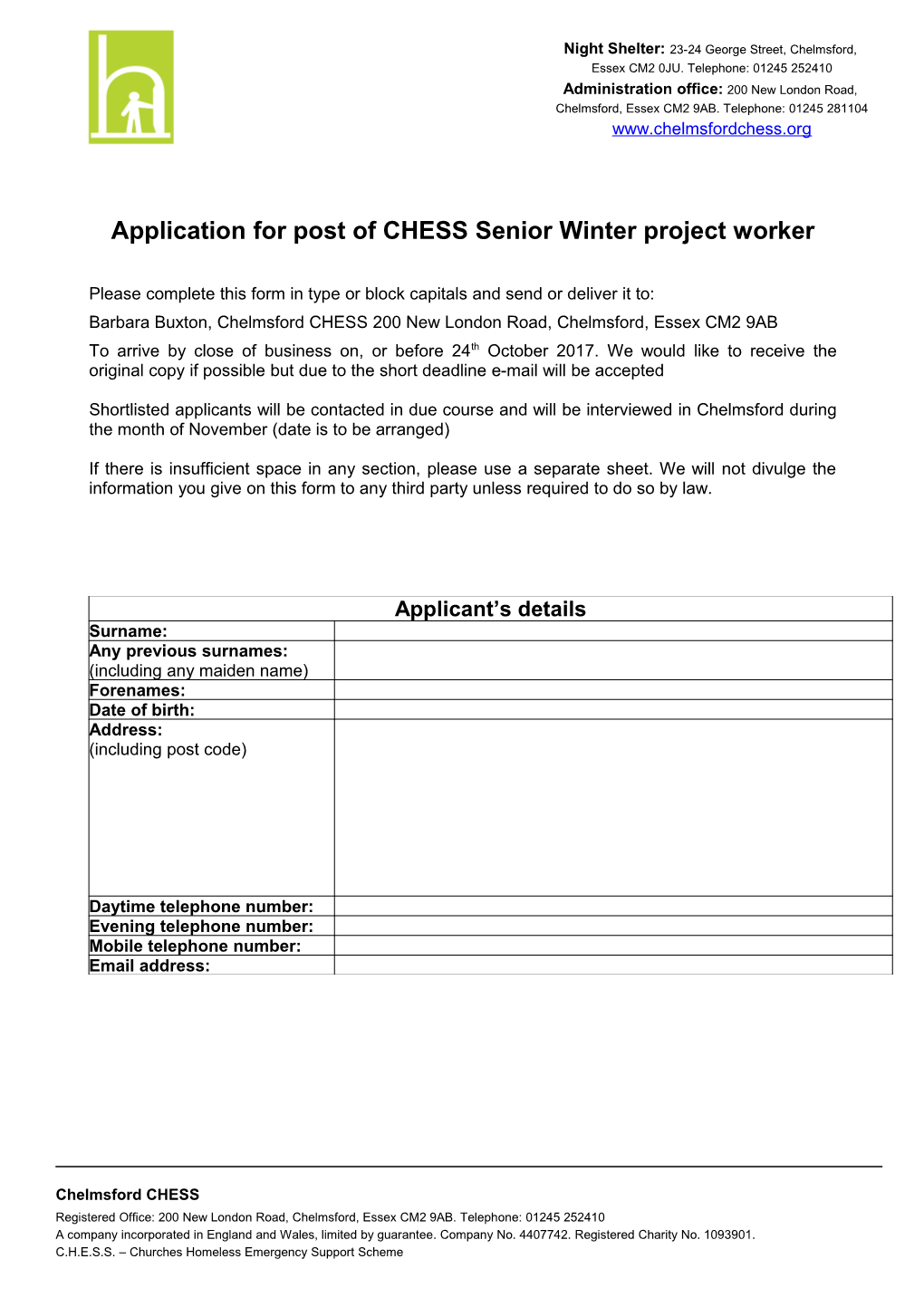 Application for Post of CHESS Senior Winter Project Worker