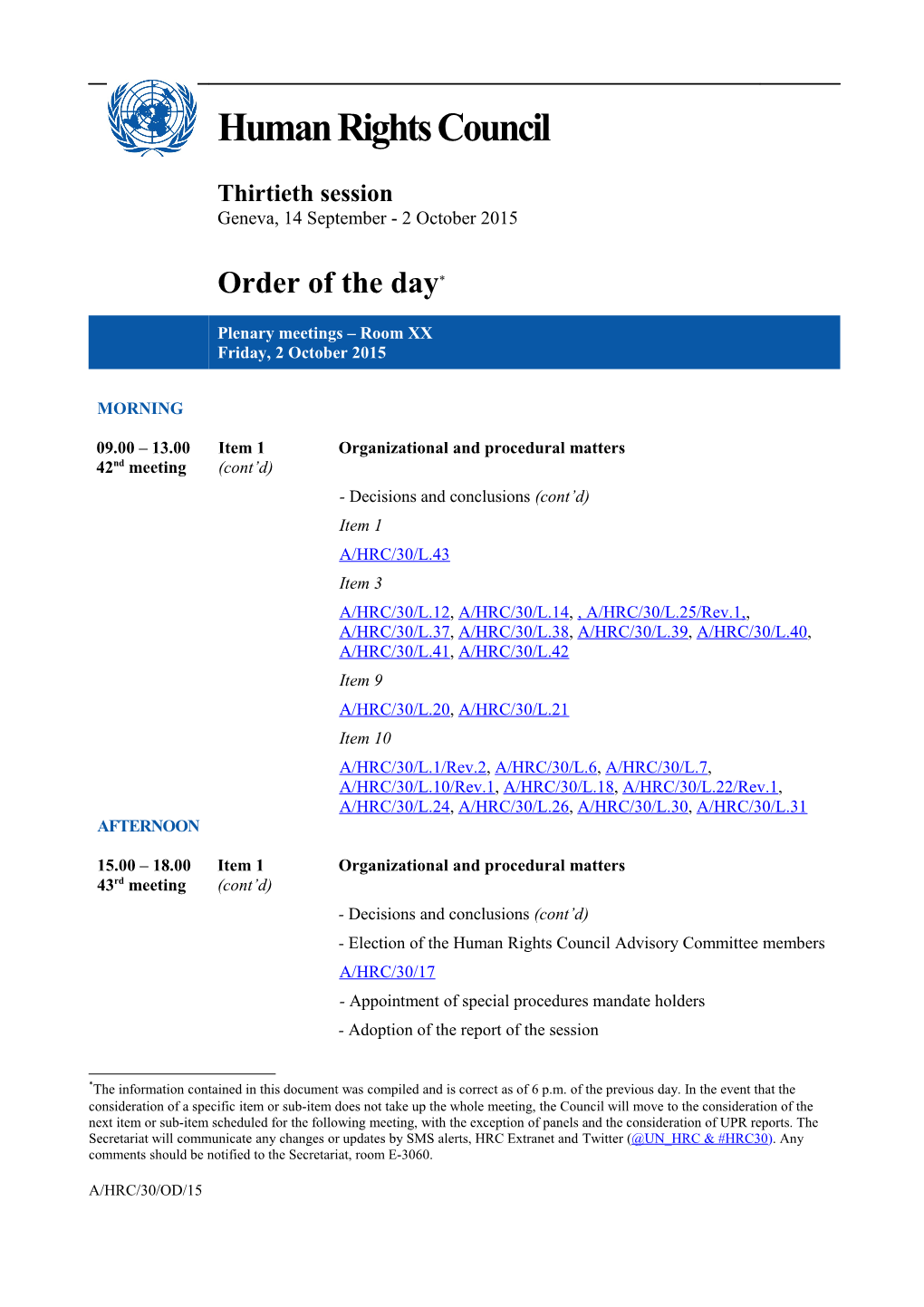 Order of the Day, Friday 2 October 2015