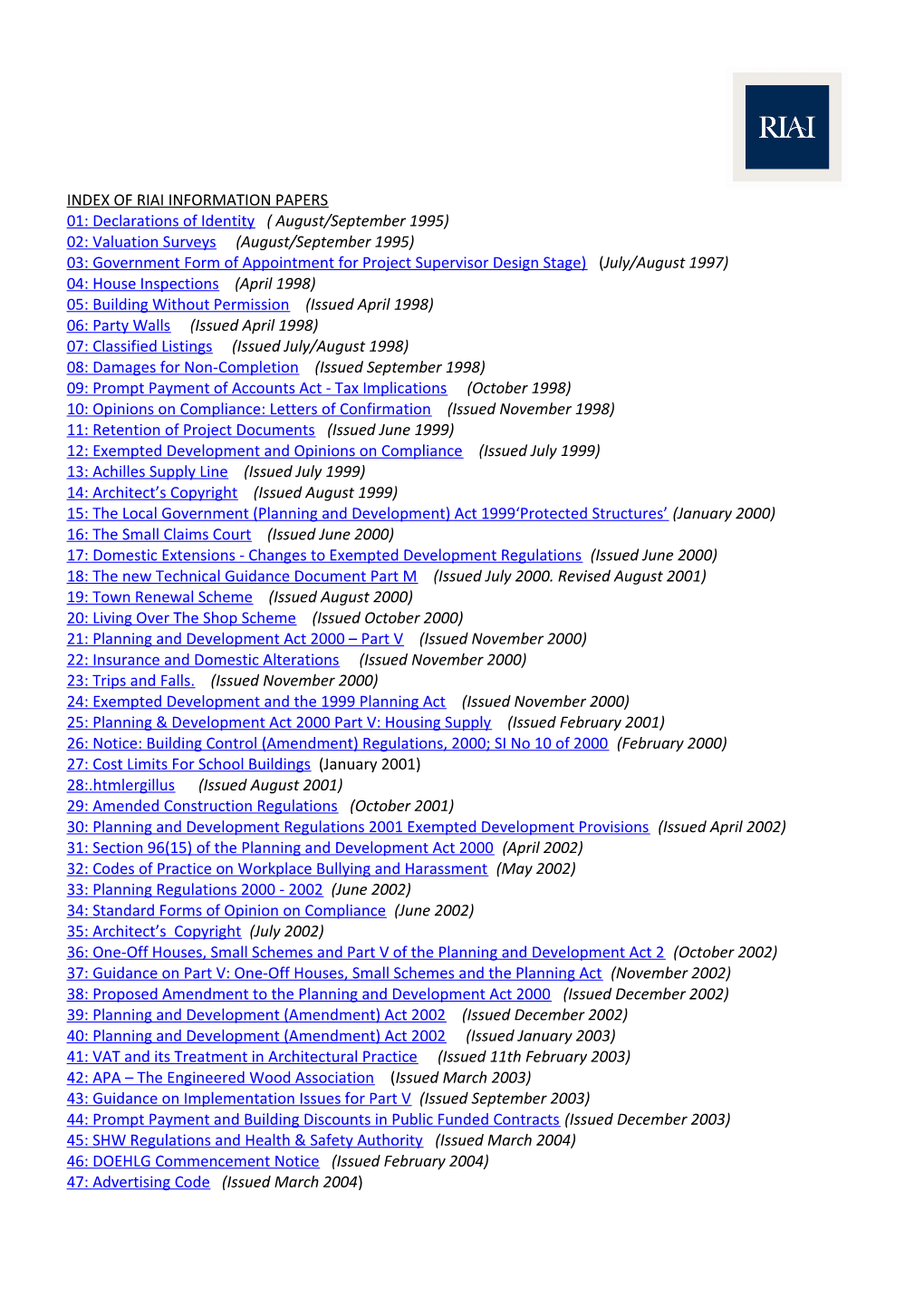 Index of Riai Information Papers