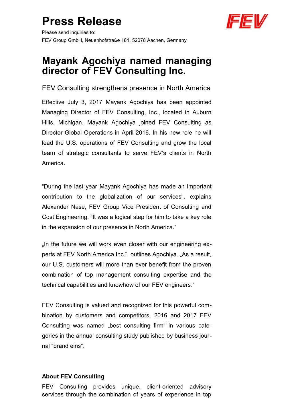 Mayank Agochiya Named Managing Director of FEV Consulting Inc