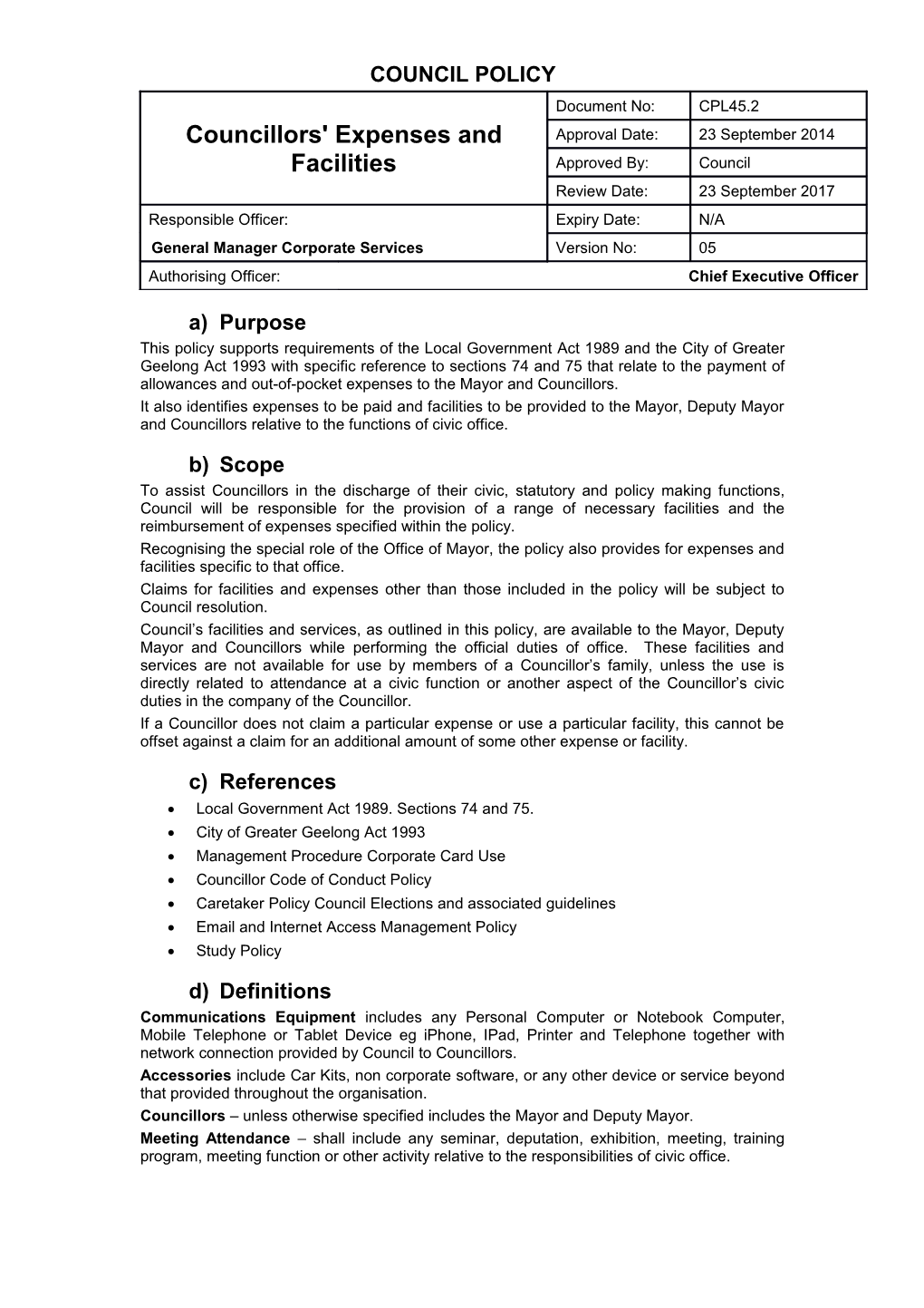 Councillors' Expenses and Facilitiesversion 05