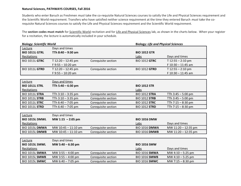 Natural Sciences, PATHWAYS COURSES, Fall 2016