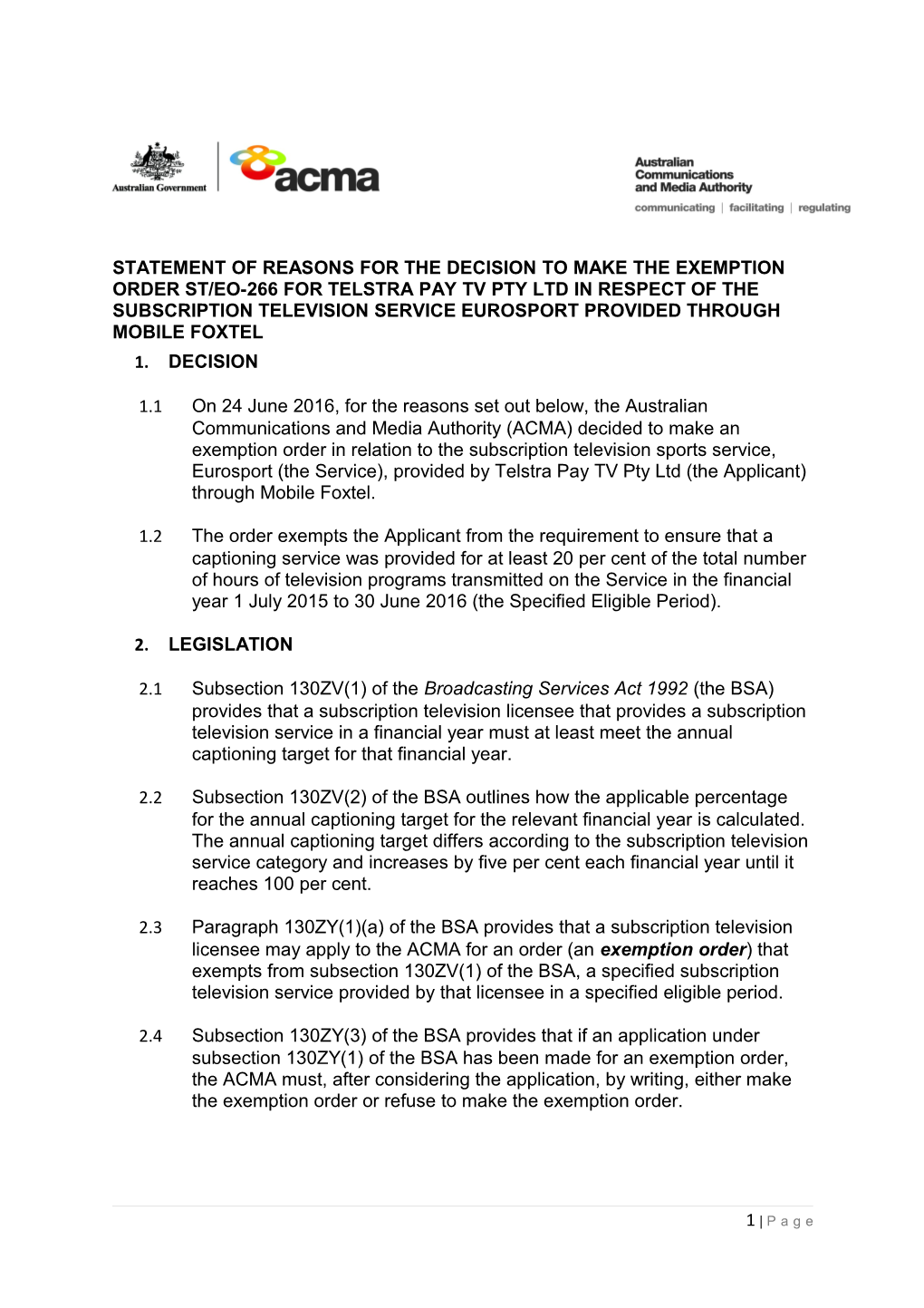 Statement of Reasons for the Decision to Make the Exemption Order St/Eo-266For Telstra
