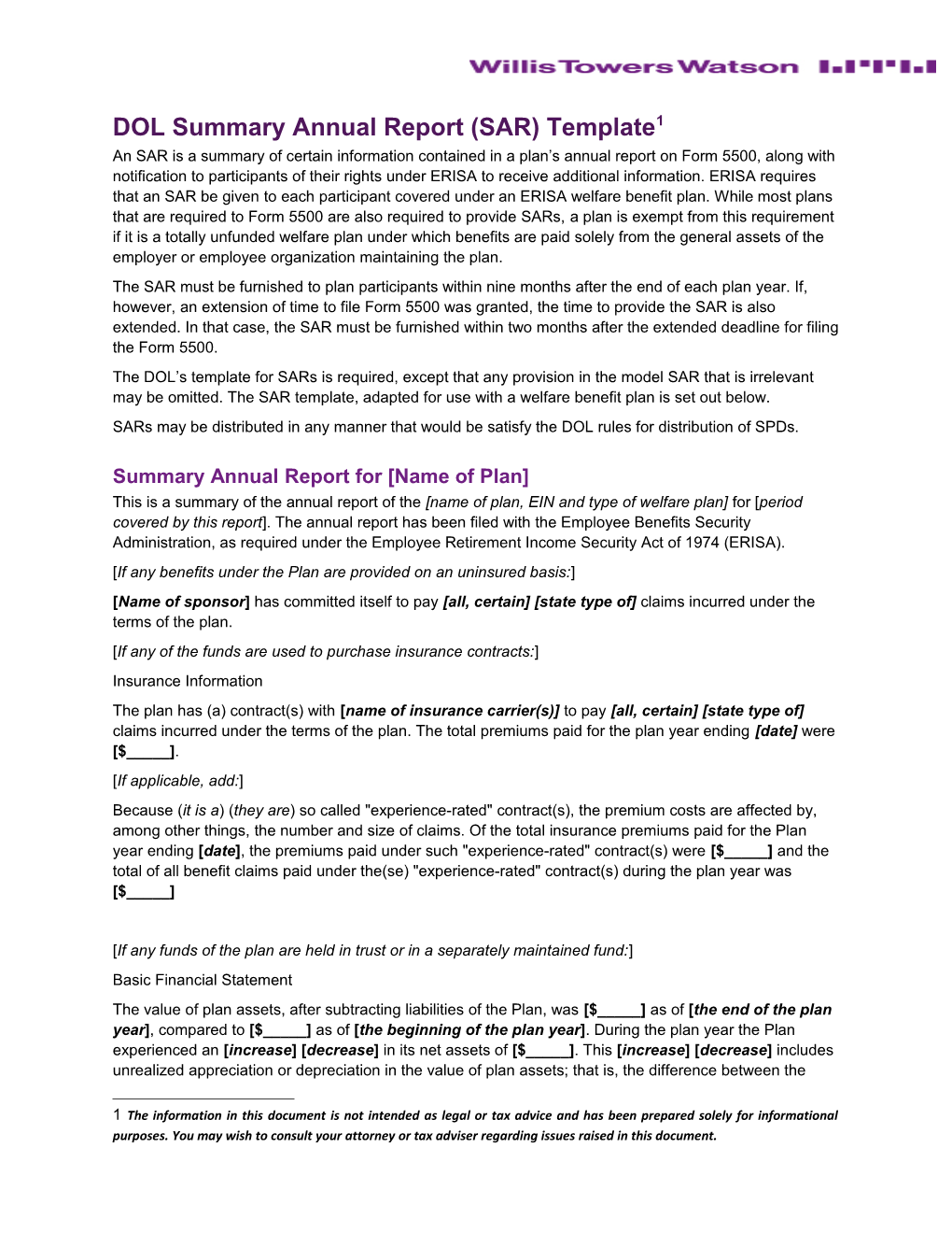 DOL Summary Annual Report (SAR) Template *