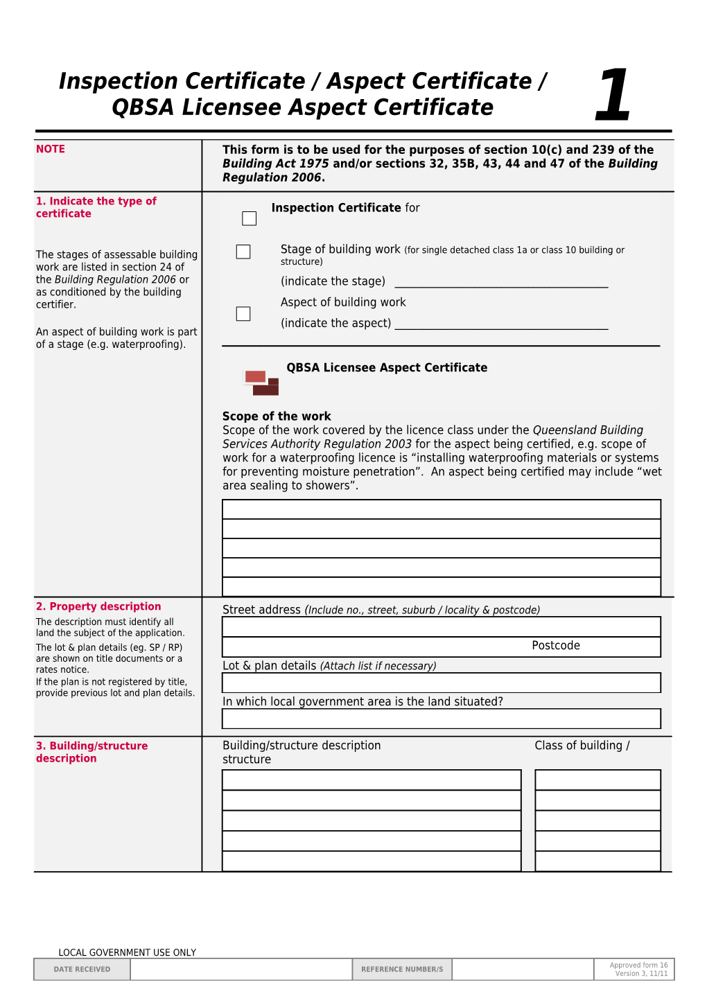 Form 16 - Inspection Certificate / Aspect Certificate / QBSA Licensee Aspect Certificate