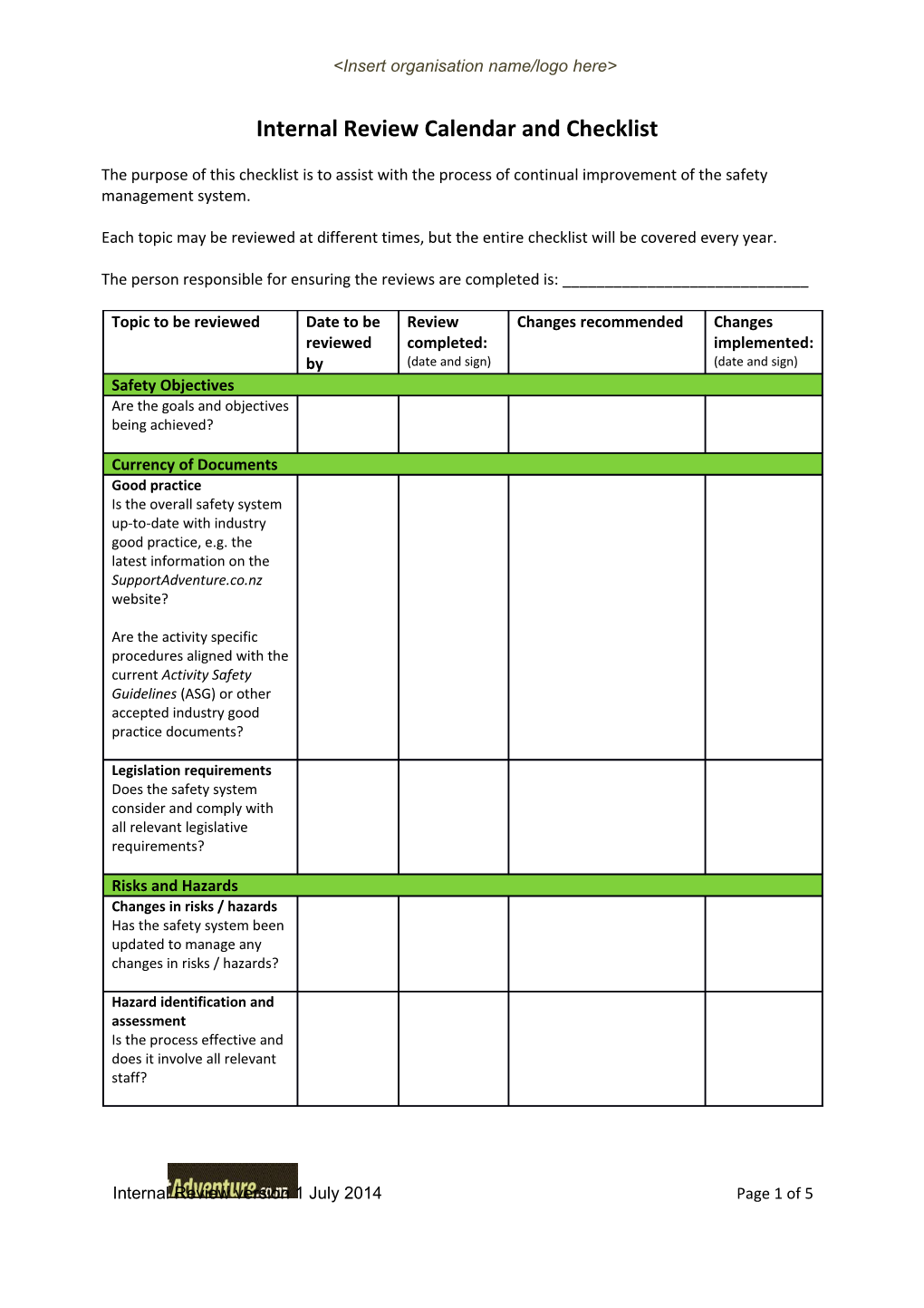 Internal Review Calendar and Checklist