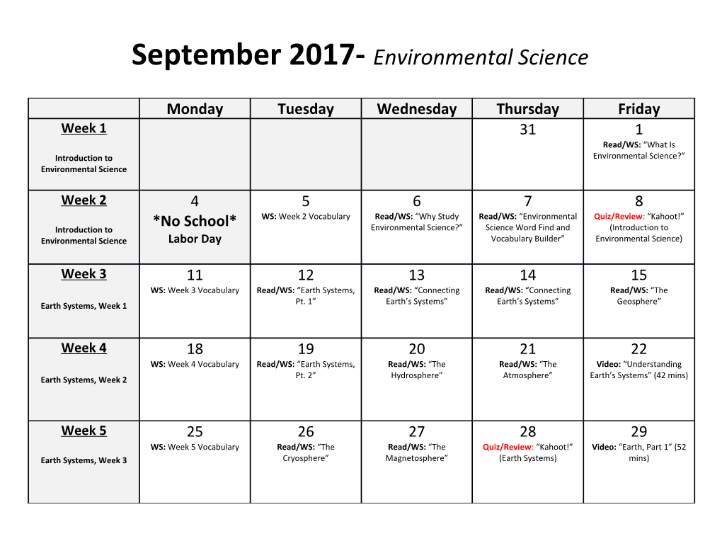 September 2017- Environmental Science