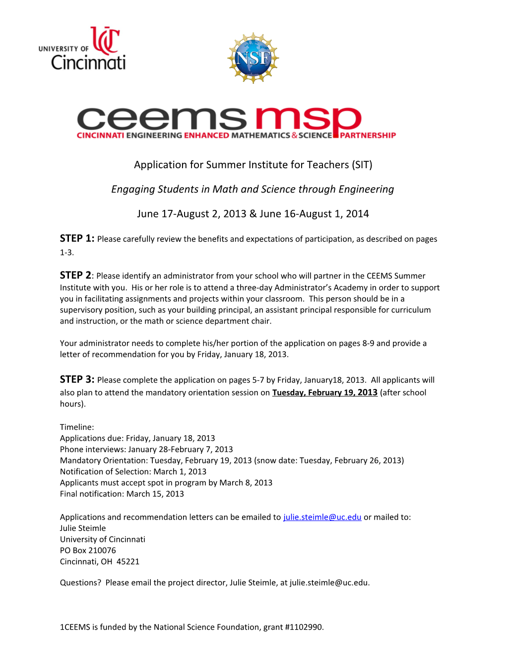 Application for Summer Institute for Teachers (SIT)