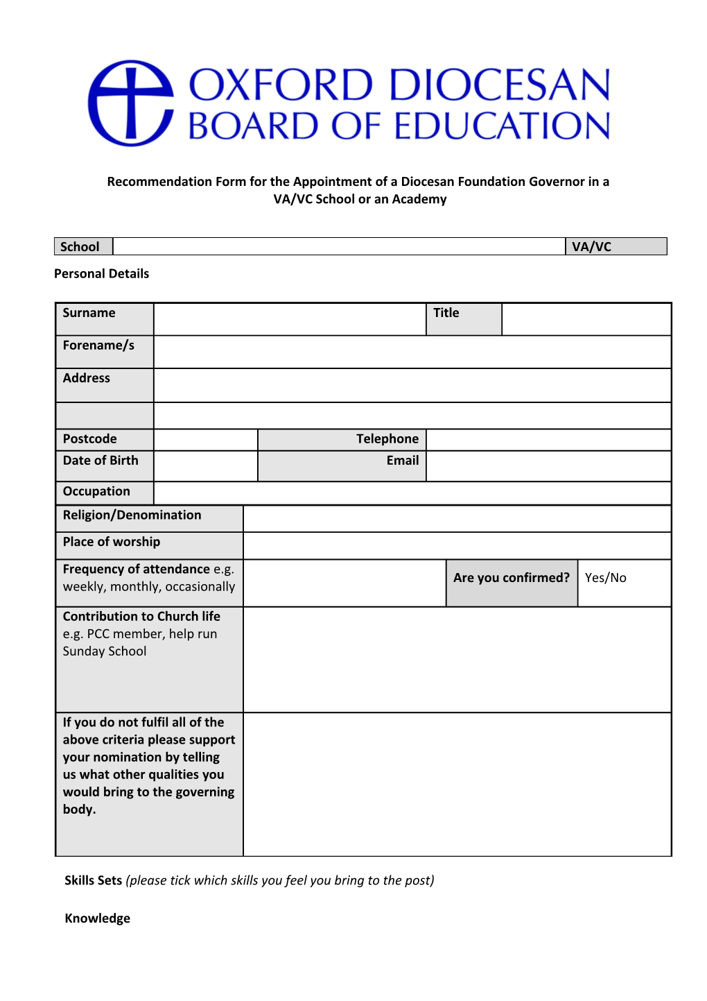 Recommendation Form for the Appointment of a Diocesan Foundation Governor in A