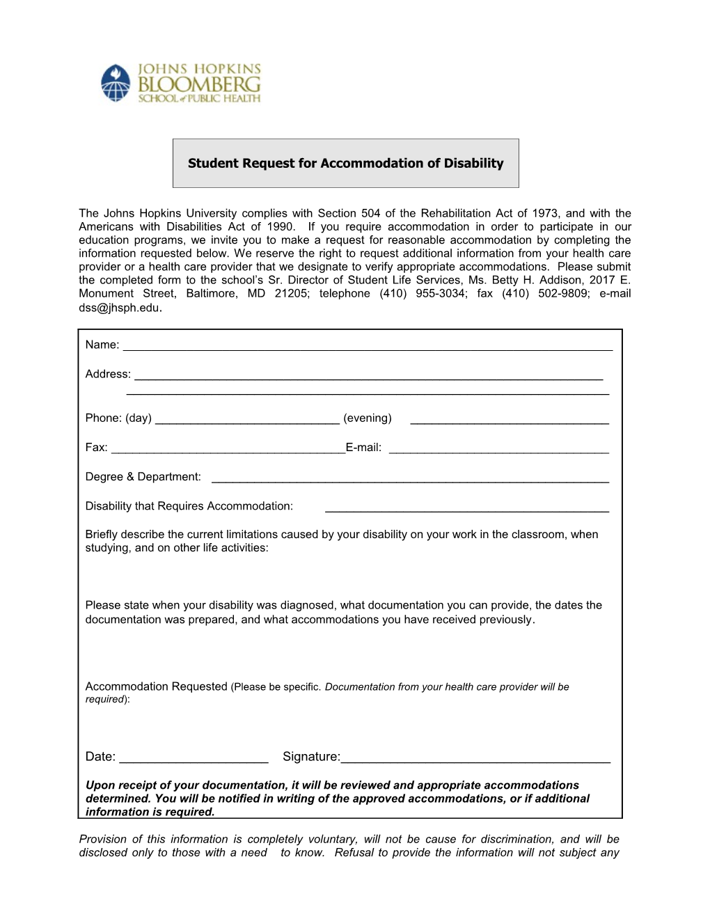 Student Request for Accommodation of Disability