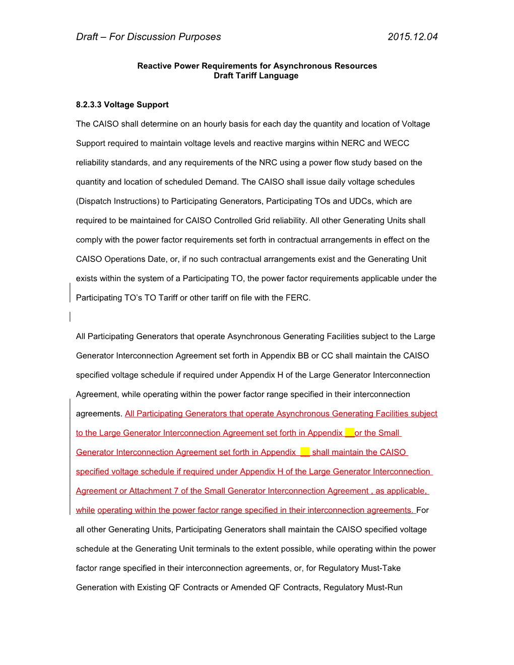 Draft Tariff Language - Reactive Power Requirements and Financial Compensation