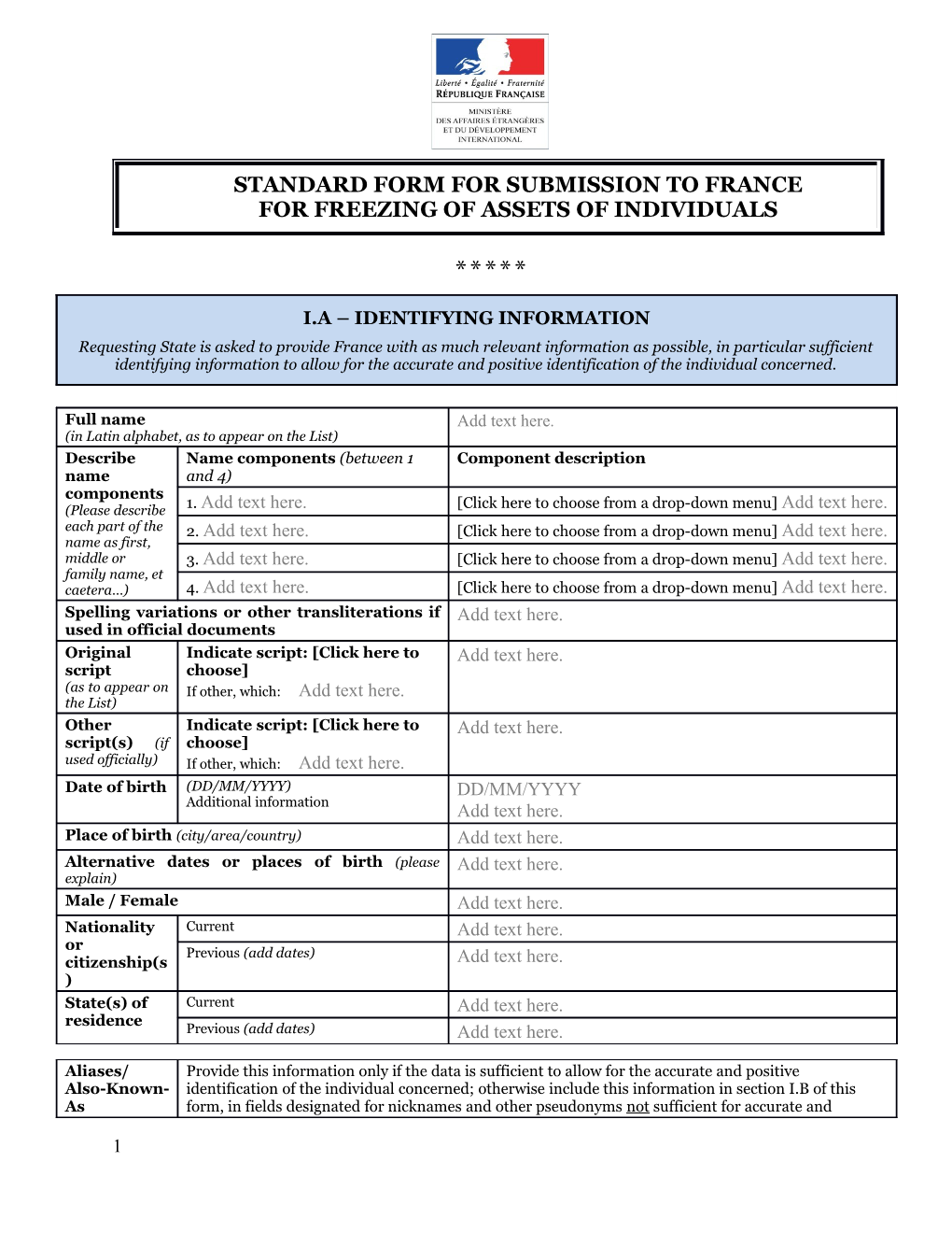 Consolidated List: Standard Form for Member State Submissions to the Committee for Listing